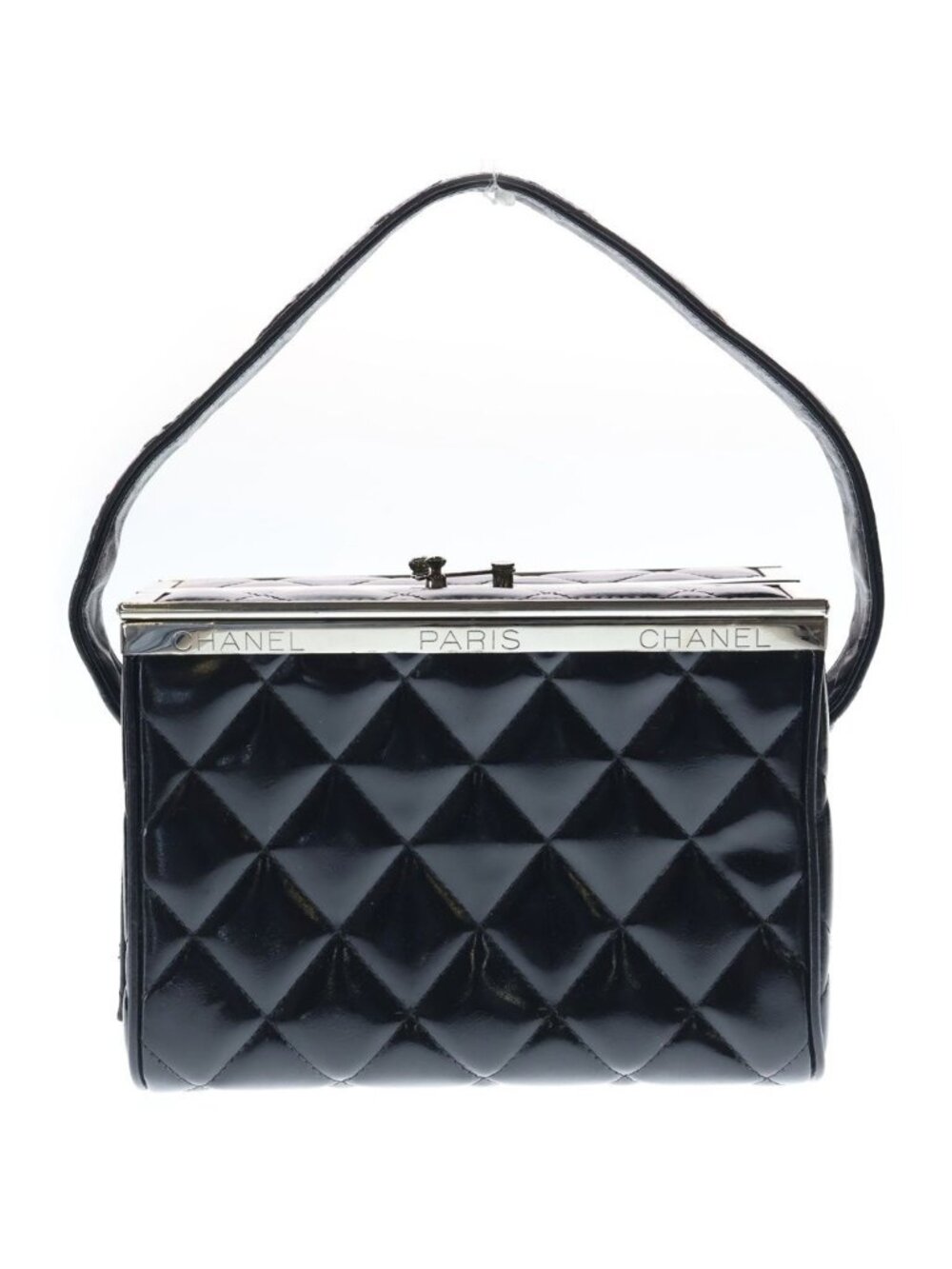 Chanel Quilted Double Door Vanity Bag Handbag Black Patent Silver